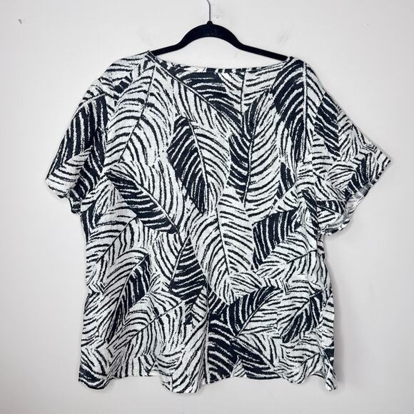NEW NWT Nicole Miller The Linen Collection Black & Beige Leaf Print Top Size 2X - Picture 3 of 6